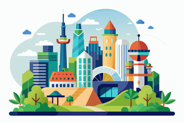 A Vibrant Cityscape with Modern Buildings and Lush Green Parks