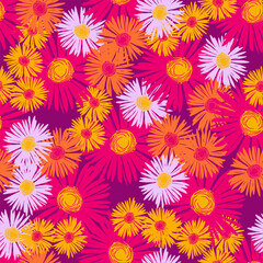 Seamless pattern with flowers and leaves. Hand drawn background. Daisy chain floral pattern for wallpaper or fabric. Flower daisies. Botanic Tile. Spring summer floral print.
