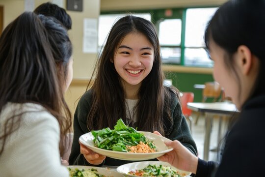 Exchange students trying local cuisine in a school cafeteria. They are excited and discussing the food