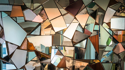 mirror, mirrorart,An abstract composition featuring multiple small mirrors of various shapes and sizes arranged artistically on a wall. The mirrors reflect different parts of the room, creating a frag