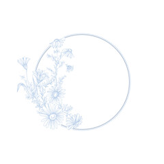 Chamomile Daisy Flower circle frame. Hand drawn round line border, leaves and flowers, wedding invitation and cards, logo design and posters template. Elegant minimal style floral vector isolated 