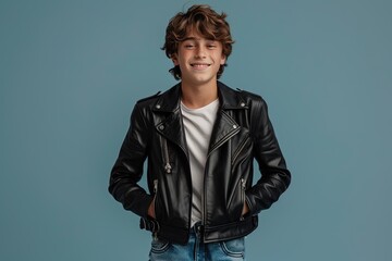 Fototapeta premium A young man in a leather jacket is smiling for the camera. Concept of confidence and self-assurance, as the boy stands tall and proud in his outfit