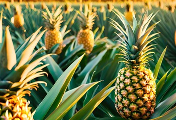 Fototapeta premium Closeup of Ripe Pineapple in a Field.