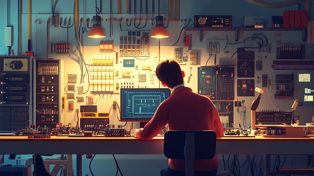 An electrical engineer working at a workstation with complex circuit diagrams and electronic components. The scene includes oscilloscopes, soldering equipment, and other tools used for designing and t