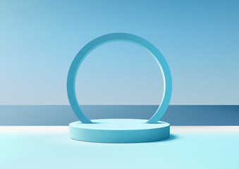 Minimalist 3D Blue Podium with Blue Ring Arch Against Ocean and Sky Backdrop, Elegant Nature Concept for Product Display, Mockup, Showroom