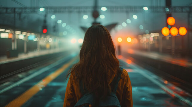 Young woman waiting at a train station at night with city lights in the background