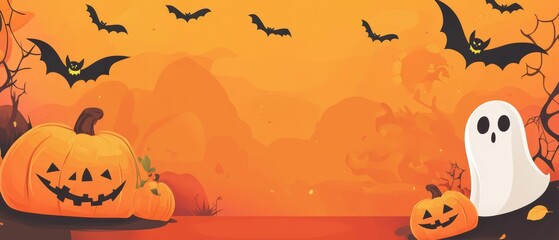A cute cartoon Halloween themed blank scroll with bat, pumpkin and ghost on the top of it, in the vector illustration style, flat design, orange background, cute cartoon artstyle, high resolution