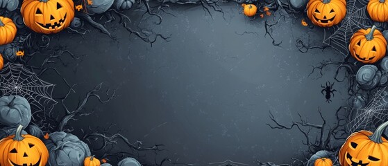 A spooky Halloween frame with pumpkins, witches on brooms and spider webs. High quality vector illustration clip art with highly detailed edges. The background is dark gray to add depth. 