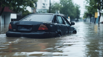 a car stuck in the flooded street of urban city after heavy hurricane rain storm  concept of Motor vehicle insurance claim after severe weather 