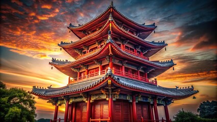 Fototapeta premium Crimson Pagoda - Bold and striking, deep red hues, detailed ornate pagoda, intense shadows and highlights.