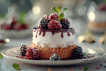 A delicious dessert featuring whipped cream, berries, and a chocolate drizzle on a cake base.