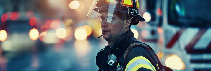 Naklejka premium Firefighter dressed in black protective gear stands in the street during dusk, showcasing their readiness and vigilance in an urban setting.