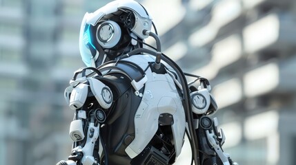 Artistic depiction of a robotic exoskeleton, showing how it assists human movement and provides support through wearable technology