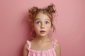 A young girl with blonde hair and blue eyes is wearing a pink dress and has her hair in pigtails. She is looking at the camera with a surprised expression on her face