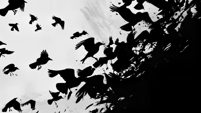 Abstract graphic representation of a flock of crows and ravens flying to a dark corner