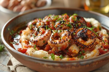 A delicious dish featuring grilled octopus on a bed of creamy mashed potatoes and sauce.