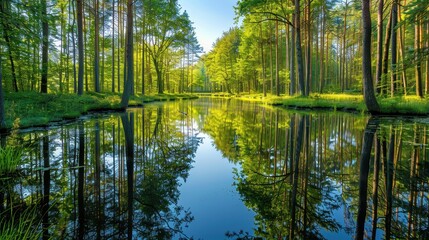 Obraz premium Sunlight filters through tall trees, casting reflections on the calm waters of the lake