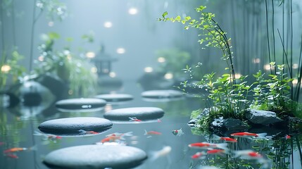 A calming Zen garden aquarium with smooth stones, delicate bonsai-style plants, and peaceful fish swimming slowly. The soft, ambient lighting creates a tranquil and meditative environment.