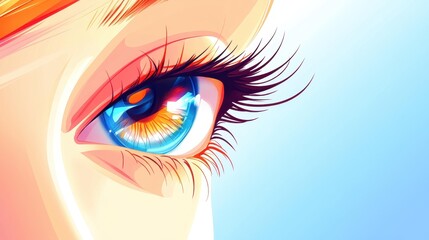 Stunning closeup of a female eye, showcasing a vibrant iris that glows with colors and intricate details.