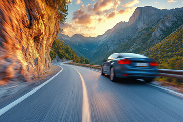 Low angle bumper view of a car speeding in the mountains