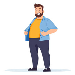 Fototapeta premium A humorous illustration of a middleaged man facing a fashion challenge while trying to fasten his pants.