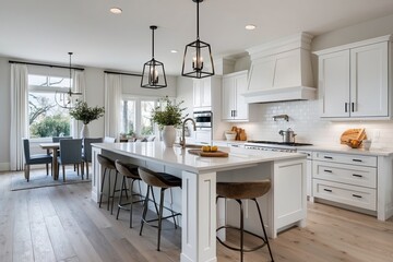 Modern White Kitchen Interior with Island and Stools