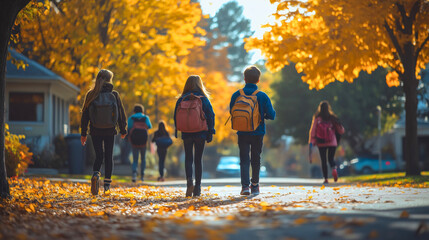 Kids coming back from school, heavy backpacks on their shoulders, happy childhood with full of memories.
