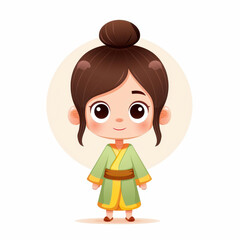 Obraz premium A young girl in traditional attire showcases Chinese culture, with soft green and yellow tones against a minimalist backdrop.