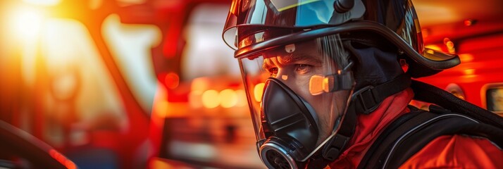 A close-up image of a firefighter wearing a helmet and reflective gear, with emergency vehicles and blurred lights in the background, depicting readiness and service.