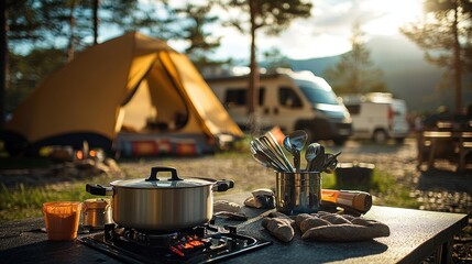 Cozy camping spot with cooking pot on portable stove