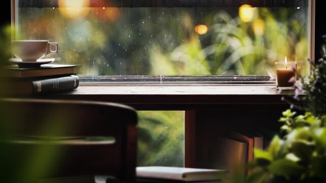 Rain and raindrops falling on the window, books and coffee on the table, comfortable rest and ASMR of the sound of rain, emotional scenery of rain
