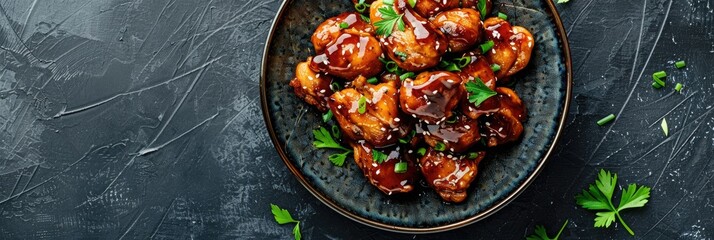 Top view of garlic brown sugar chicken, pan-fried, with generous empty space for text.