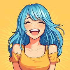 A girl with vibrant blue hair shares a joyful moment, her laughter radiating pure happiness and fun.