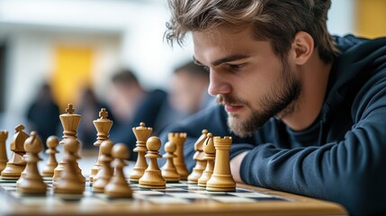 Focused chess player strategizing move over chessboard