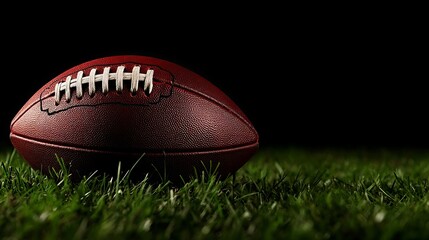 Obraz premium American football on green grass against a black background, ideal for horizontal sports-themed posters, greeting cards, headers, websites, and apps