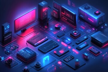  A smart home setup with various connected devices like dimmers, thermostats, and security cameras, isometric perspective. Generative AI