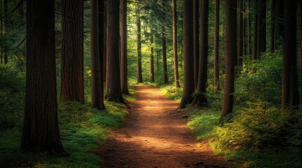 Obraz premium A dirt trail meanders through a lush green forest illuminated by golden sunlight