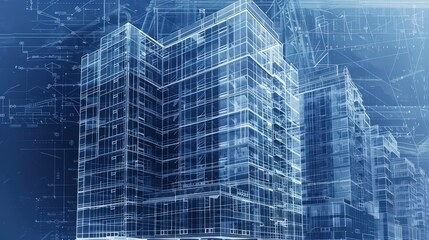 Artistic representation of a blueprint for a high-rise building, featuring detailed plans for floors, elevators, stairwells