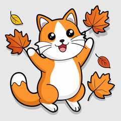 Cat playing with autumn leaves