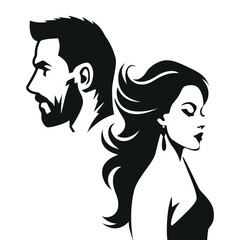 Sign for a hairdressing salon. A woman's and a man's face in profile. Vector template on white background.
