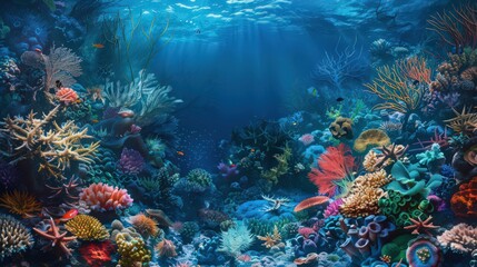 Artistic representation of a coral reef ecosystem, highlighting the structure of coral reefs, symbiotic relationships