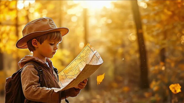 Young boy kid participating to a treasure hunt holding the treasure map