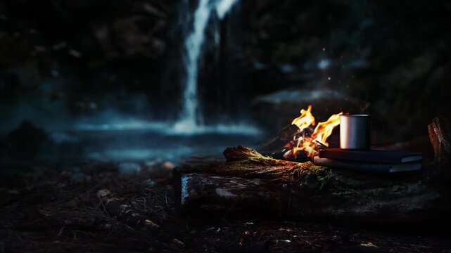 Camping in nature and forest with waterfalls and flowing streams, bonfires and campfires and the sounds of insects, ASMR nature scenery
