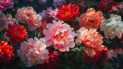 Artistic representation of a garden full of peonies in bloom, with their large, ruffled petals in shades of pink,
