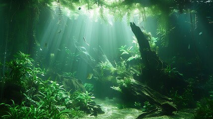 A serene Amazon rainforest aquarium showcasing dense greenery, intricate driftwood, and colorful exotic fish. The gentle, ambient light enhances the lush and tropical underwater setting.