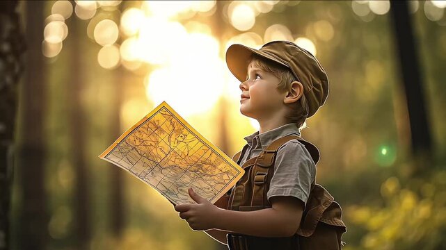 Young boy kid participating to a treasure hunt holding the treasure map