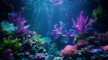Naklejka premium A serene ocean abyss aquarium showcasing dark backgrounds, bioluminescent plants, and exotic deep-sea creatures. The gentle, ambient light enhances the mystical and otherworldly underwater setting.
