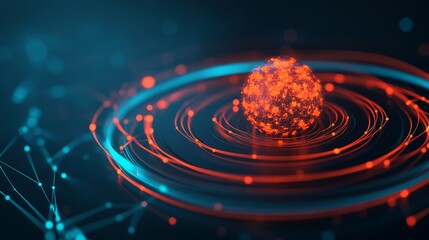 Visual representation of nuclear fission, showing atomic radiation waves emanating from a central core, copy space for text,