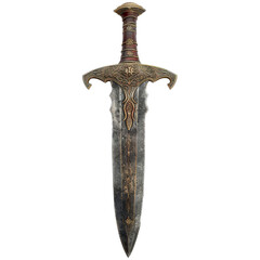 A beautifully crafted fantasy dagger with intricate designs on the hilt and a weathered blade, isolated on white background, transparent background