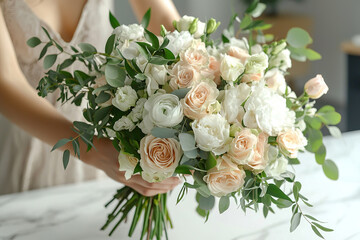 Fototapeta premium Florist creating beautiful bouquet at white marble table, closeup